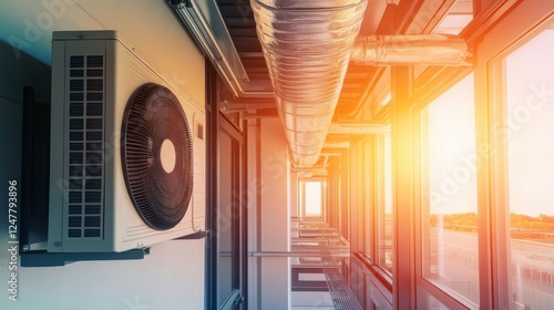 Modern Air Conditioning Unit on Building Exterior at Sunset