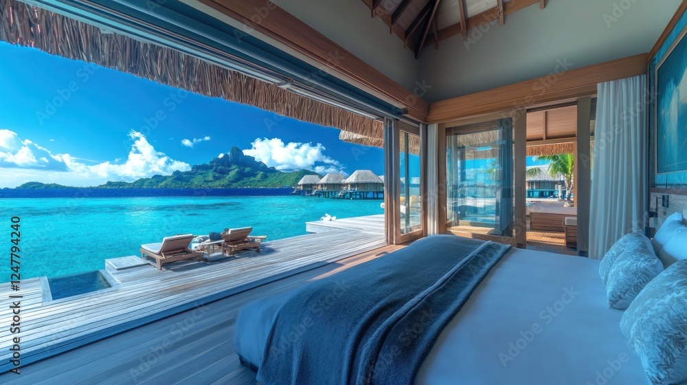 Fototapeta premium Overwater bungalow bedroom, lagoon view, French Polynesia, luxury vacation