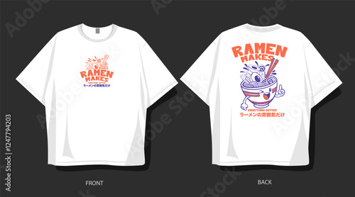 Vintage ramen Japanese vector, ramen noodles illustration. Ramen t-shirt design, poster, clothing design. Japanese cartoon graphic