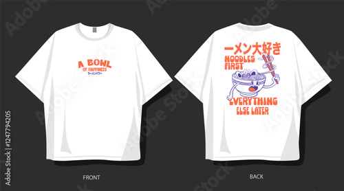 Vintage ramen Japanese vector, ramen noodles illustration. Ramen t-shirt design, poster, clothing design. Japanese cartoon graphic