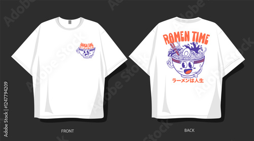 Vintage ramen Japanese vector, ramen noodles illustration. Ramen t-shirt design, poster, clothing design. Japanese cartoon graphic