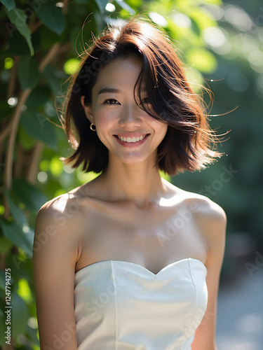 Smiling Young Asian Woman in Elegant White Dress – Natural Outdoor Portrait