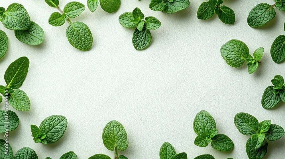 Fresh mint leaves frame, white background, food blog, recipe Fresh mint leaves frame, white background, food blog, recipe