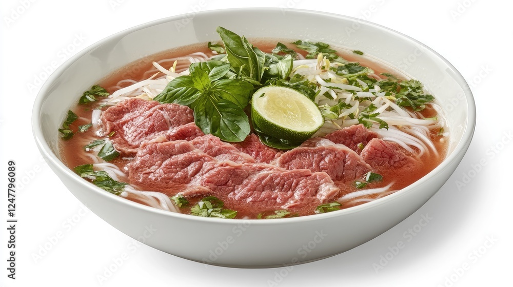 Delicious bowl of beef pho with rice noodles, broth, lime, basil, and bean sprouts. Delicious bowl of beef pho with rice noodles, broth, lime, basil, and bean sprouts.