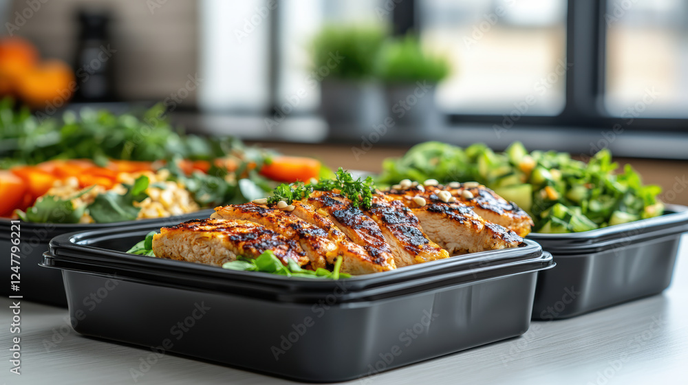 Obraz premium Healthy meal prep with grilled chicken and fresh vegetables