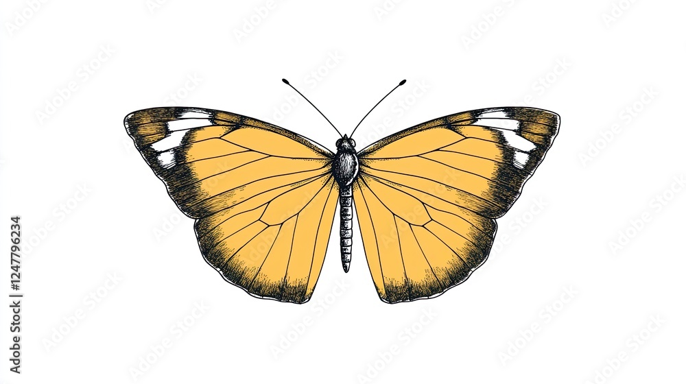 Obraz premium Detailed illustration of a yellow butterfly with black outlines and white accents on its wings, isolated on a white background.