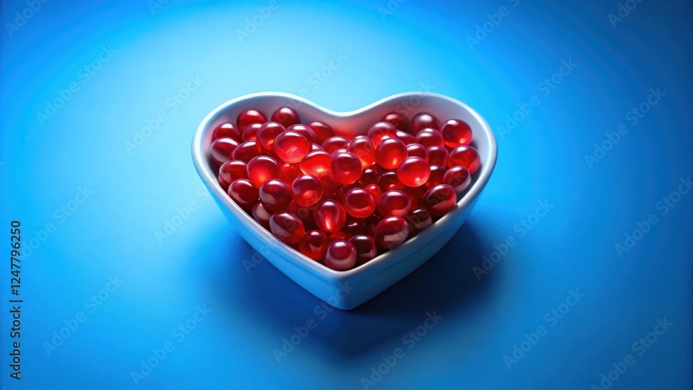 Heart-shaped bowl filled with vibrant red capsules, a symbol of health and wellness, on a bright blue background Heart-shaped bowl filled with vibrant red capsules, a symbol of health and wellness, on a bright blue background