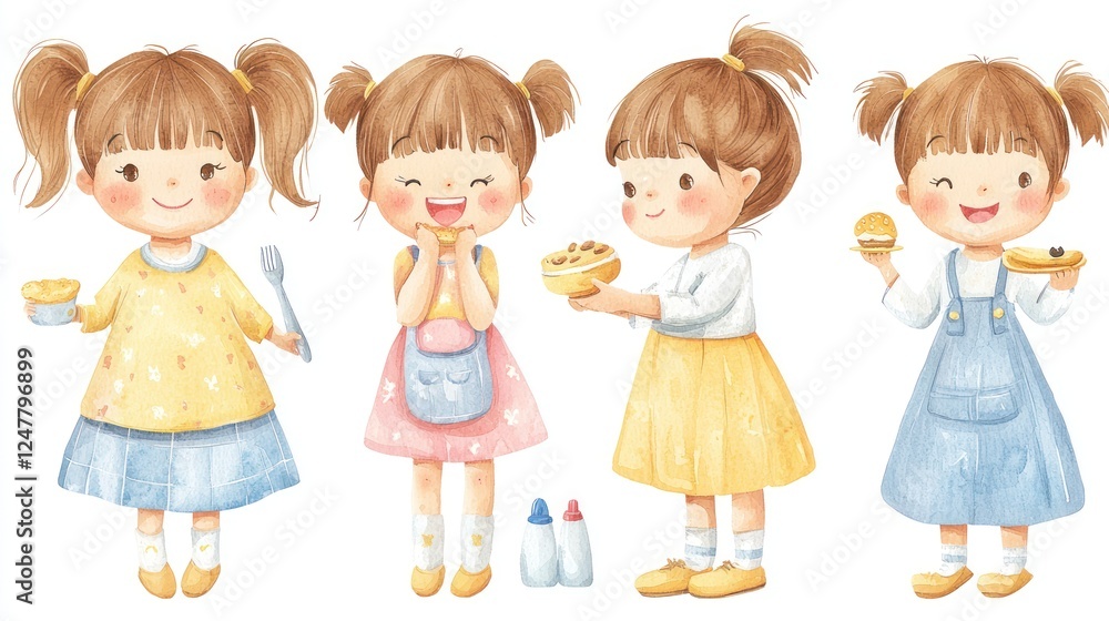 Cute Girl Characters with Playful Expressions and Delicious Treats