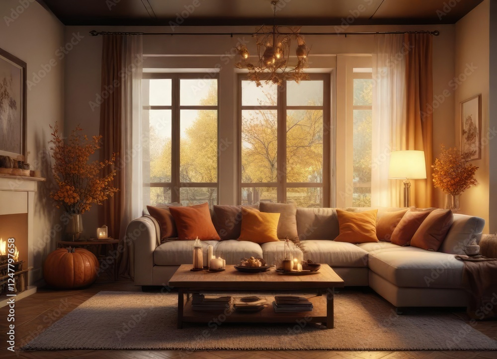 Fototapeta premium Cozy living room with fall decorations and warm lighting, warm lighting, autumn, autumn colors