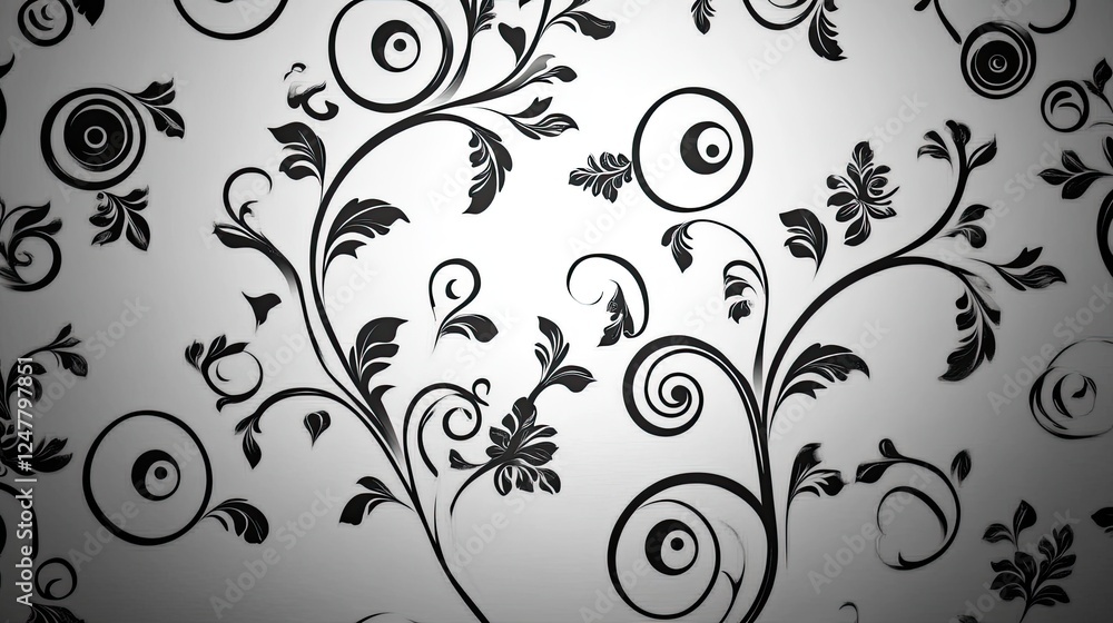 Elegant black and white floral pattern with swirling vines, leaves, and stylized flowers on a gradient background. Elegant black and white floral pattern with swirling vines, leaves, and stylized flowers on a gradient background.