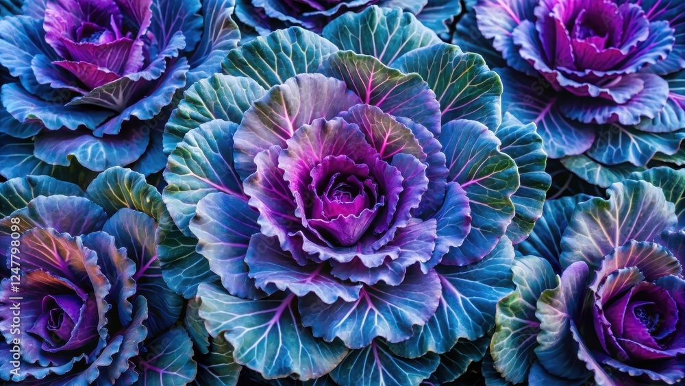 Obraz premium Vibrant Hues of Ornamental Cabbage A Close-Up Display of Textured Petals and Deep Jewel Tones