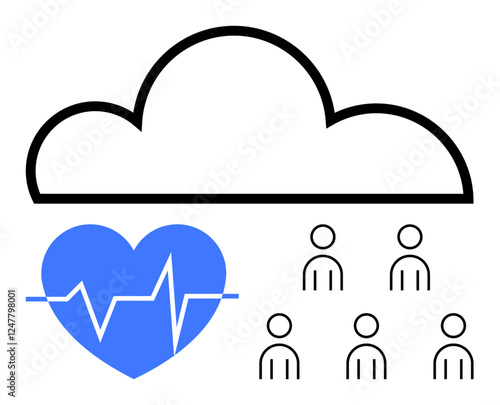 Cloud with blue heart and connected vital signs, six outlined people. Ideal for healthcare, technology, telemedicine, data analytics, remote monitoring, patient care, digital transformation. Line
