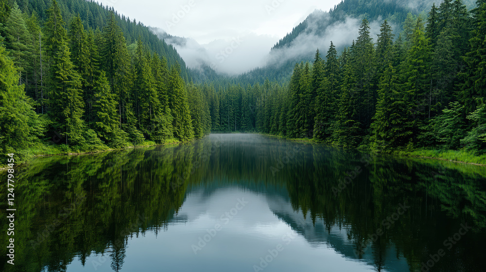 misty morning view of serene lake surrounded by dense pine trees misty morning view of serene lake surrounded by dense pine trees