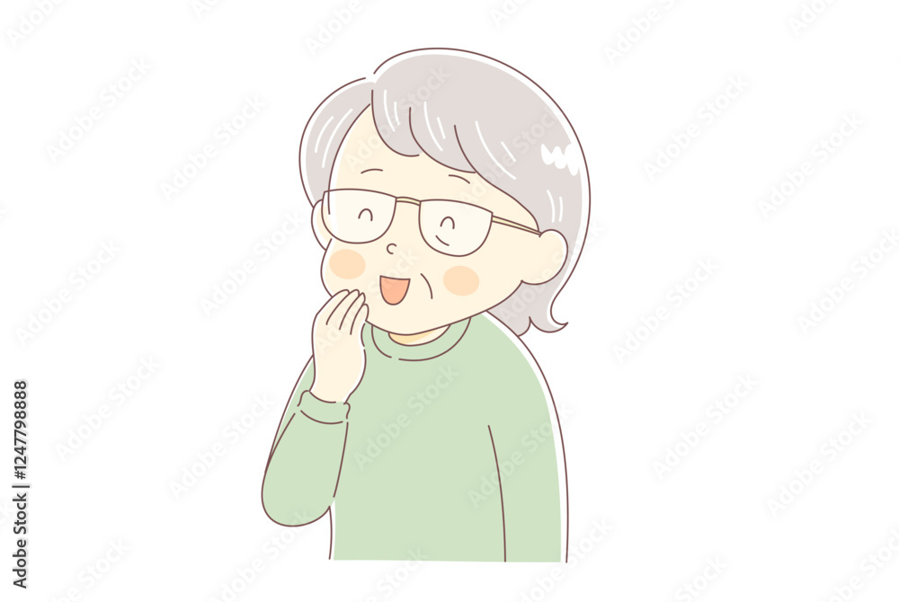 口元に手を当ててにっこり笑う高齢女性 口元に手を当ててにっこり笑う高齢女性