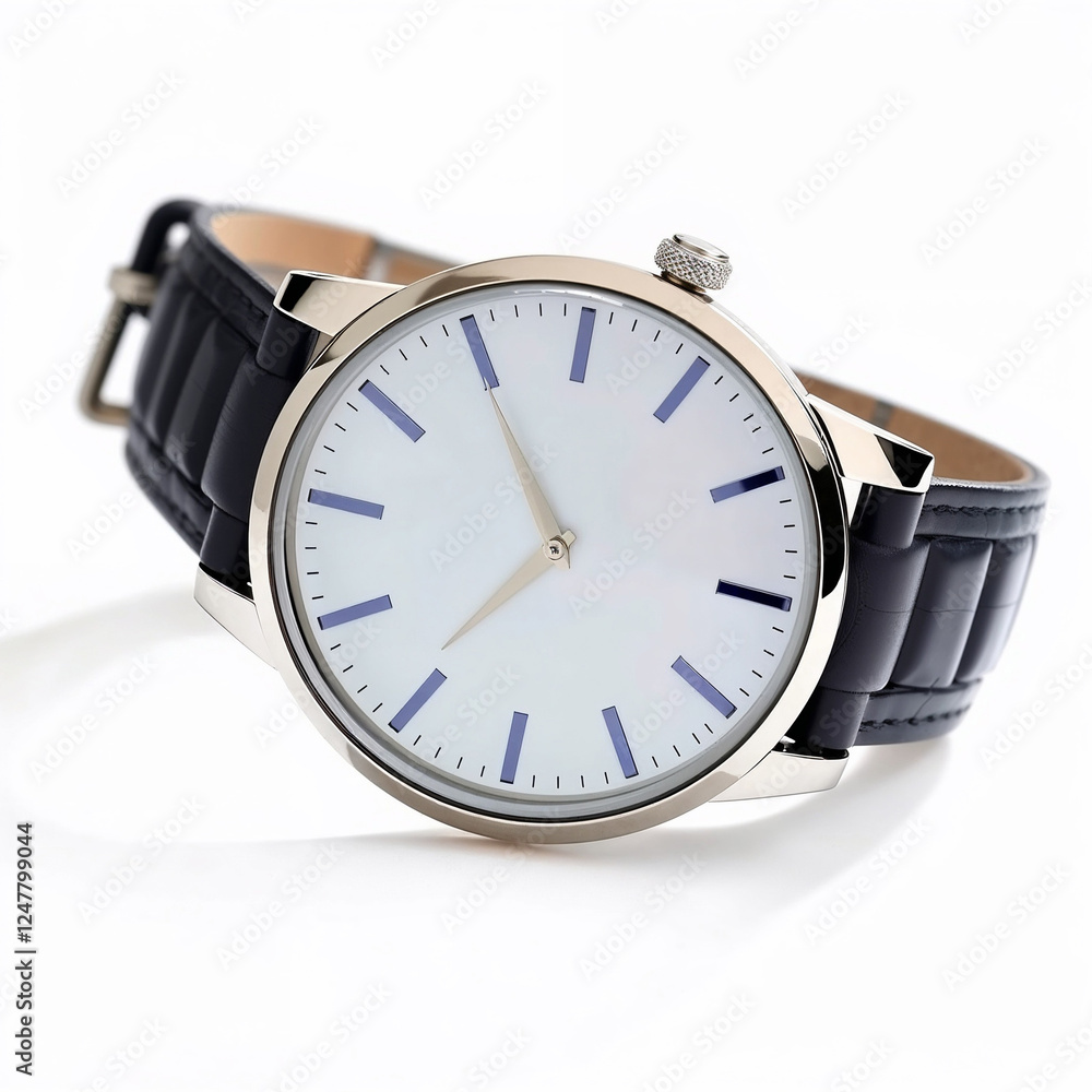 Elegant silver watch with black leather strap Elegant silver watch with black leather strap