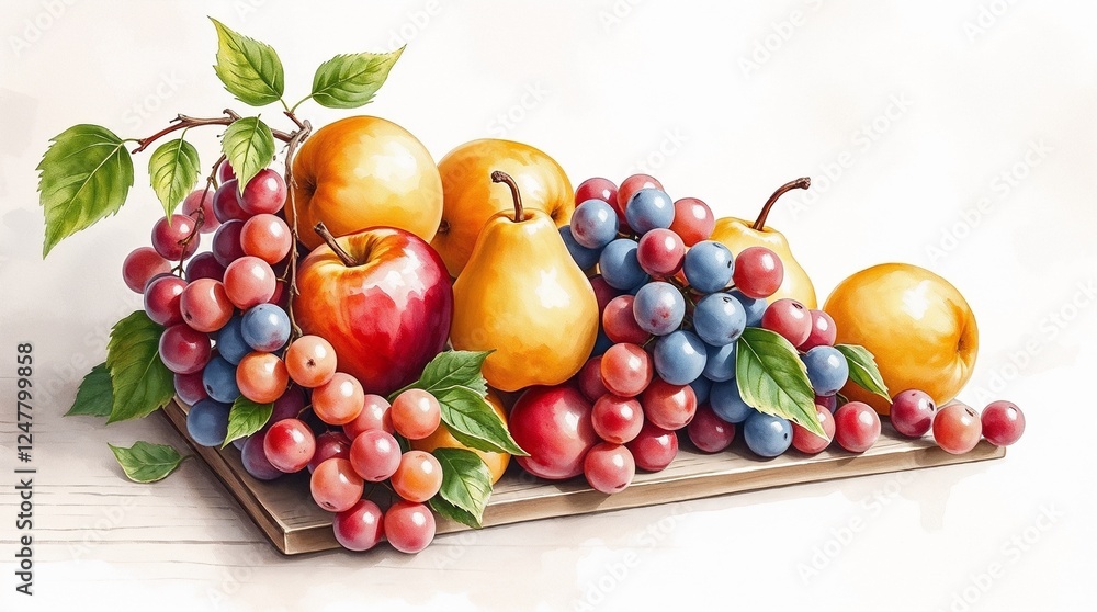 Vibrant still life featuring fresh fruits on wooden board Vibrant still life featuring fresh fruits on wooden board