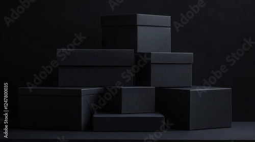 Stack of Black Gift Boxes on Dark Background