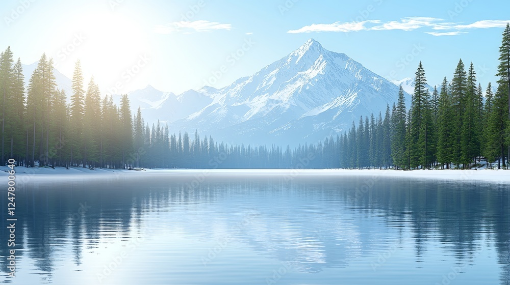 Serene Winter Landscape: Majestic Mountains Mirrored in a Tranquil Lake Serene Winter Landscape: Majestic Mountains Mirrored in a Tranquil Lake