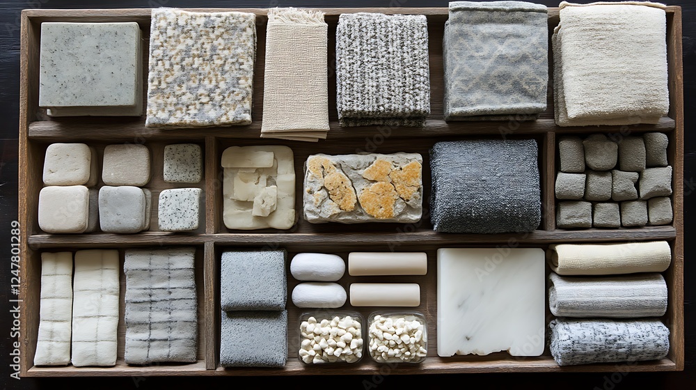 Fototapeta premium Assorted Textured Materials Arranged In Wooden Tray