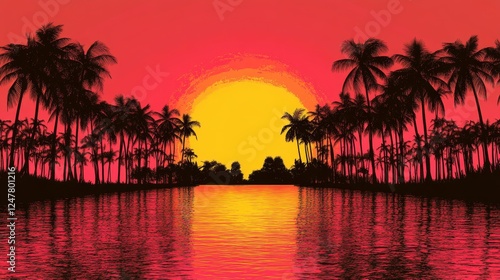 Silhouette Palm Trees Tropical Sunset Lagoon Idyllic Evening Scene