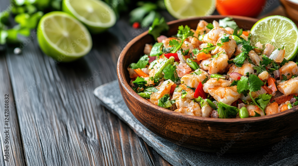 Fresh seafood ceviche with lime and vegetables in wooden bowl Fresh seafood ceviche with lime and vegetables in wooden bowl