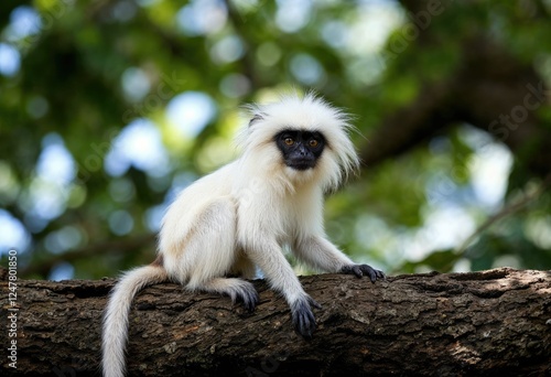 shot of the cotton top tamarin monkey sitting on a tree photo