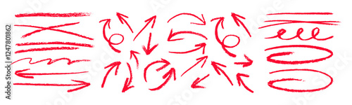 Red charcoal ovals and arrows strokes different forms. Rough charcoal arrows and lines. Brush elements for notes and underlining in text. Rough charcoal strokes
