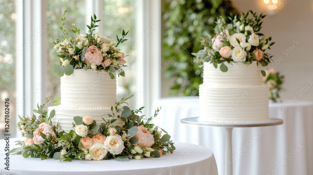 Elegant wedding cakes adorned with floral designs and greenery Elegant wedding cakes adorned with floral designs and greenery