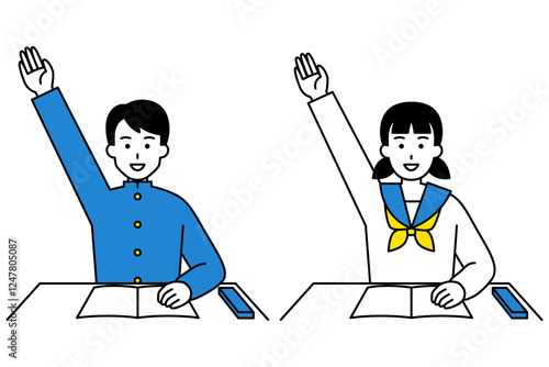 勉強中に手を挙げる男女の学生　セット