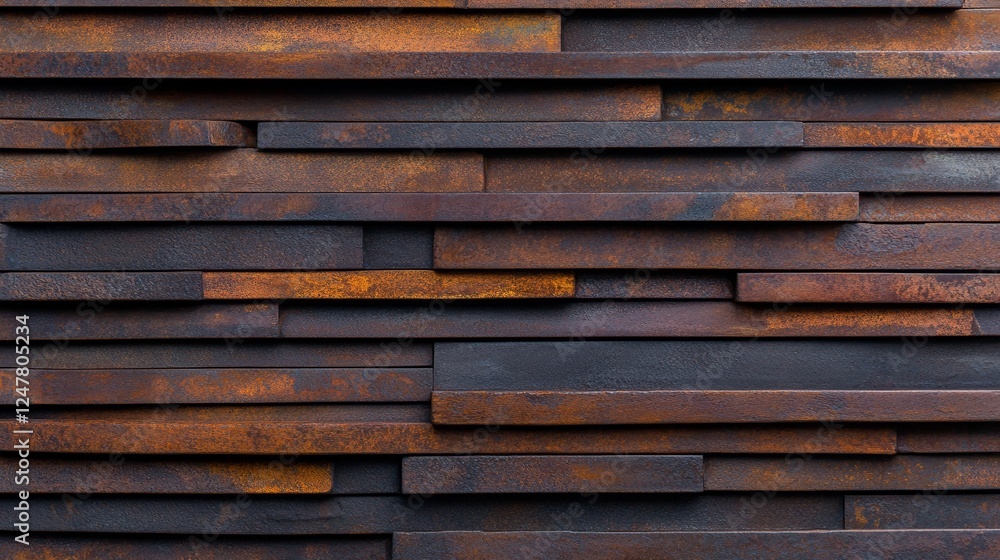 Textured wooden wall featuring layered planks in varying shades of brown and orange hues Textured wooden wall featuring layered planks in varying shades of brown and orange hues