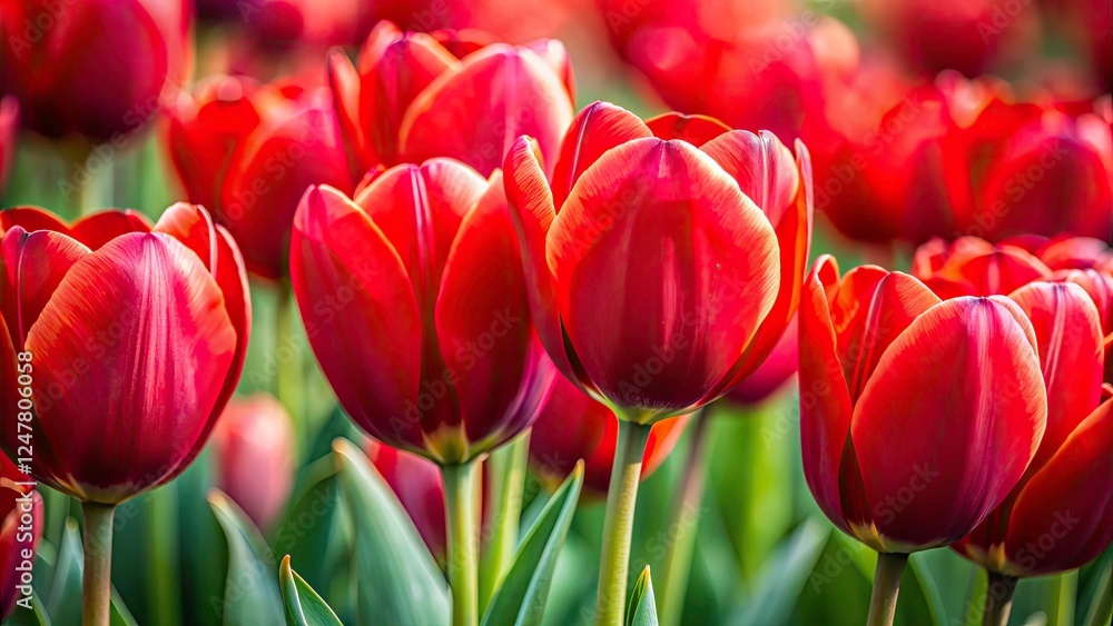 Fototapeta premium Stunning Red Tulips, Vibrant Spring Flowers, Rule of Thirds Photography, Close-up Macro Shot, Red Tulip Bloom, Dutch Tulips