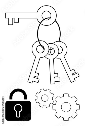 Set of three keys on a ring, padlock, and two gears. Ideal for security, access control, privacy, data protection, engineering mechanics and problem-solving. Line metaphor