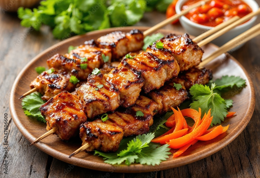 pork satay with peanut sauce or sweet and sour sauce,thai food pork satay with peanut sauce or sweet and sour sauce,thai food