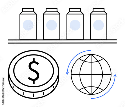 Shelved products, currency coin, and a globe with arrows represent international trade, supply chain, economic growth, and commerce. Ideal for finance, e-commerce, globalization production