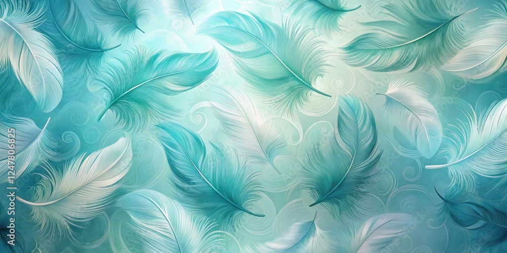 Serene Teal and White Feathers Floating on a Swirling Background, a Dreamlike and Ethereal Design for Print or Digital Use Serene Teal and White Feathers Floating on a Swirling Background, a Dreamlike and Ethereal Design for Print or Digital Use
