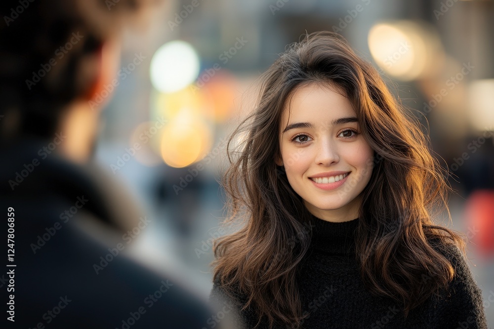 Captivating smile of a young woman urban setting portrait photography evening light close-up joyful expression Captivating smile of a young woman urban setting portrait photography evening light close-up joyful expression