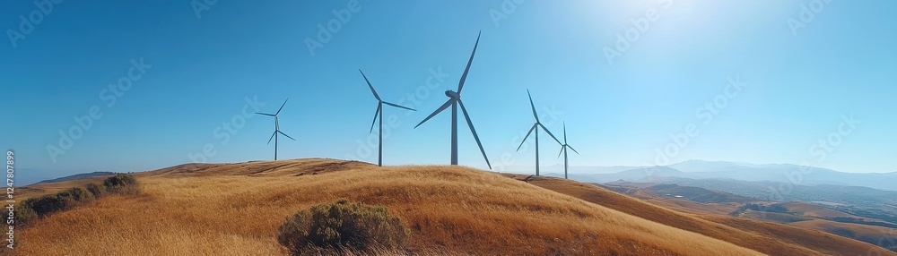 Majestic Wind Turbines on a Rolling Hilltop Against a Vibrant Sky Majestic Wind Turbines on a Rolling Hilltop Against a Vibrant Sky