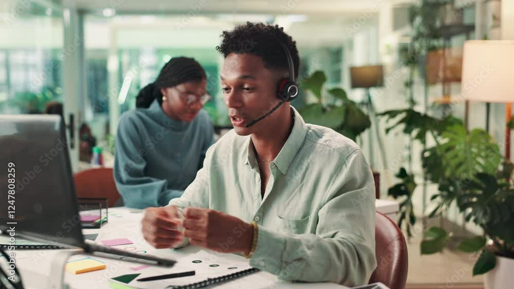 Headset, virtual assistant and man with laptop in office for administrative support with crm. Communication, audio tech and male business coordinator with online customer service in workplace. Headset, virtual assistant and man with laptop in office for administrative support with crm. Communication, audio tech and male business coordinator with online customer service in workplace.