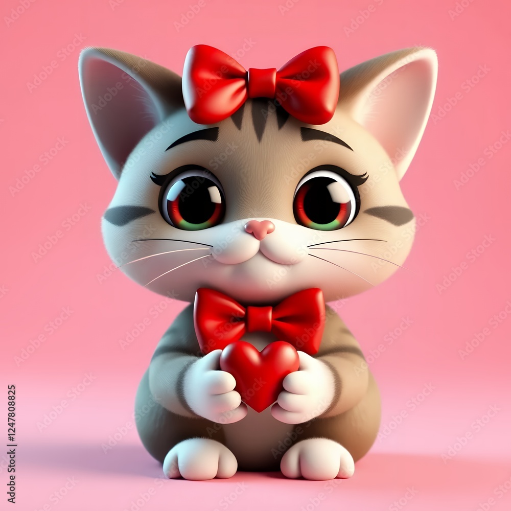 Fototapeta premium A 3D-rendered cute cat character with a red bow tie, holding a tiny heart in its paws, big expressive eyes, soft fur, charming lighting, flat pink background
