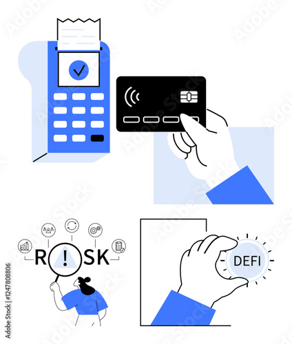 Digital transaction via card reader, scan for decentralized finance, user analyzing financial risks. Ideal for fintech, digital banking, blockchain, finance tech, risk analysis, payment solutions