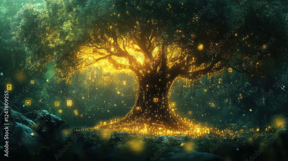 Naklejka premium Glowing tree in enchanted forest, fantasy art, game background