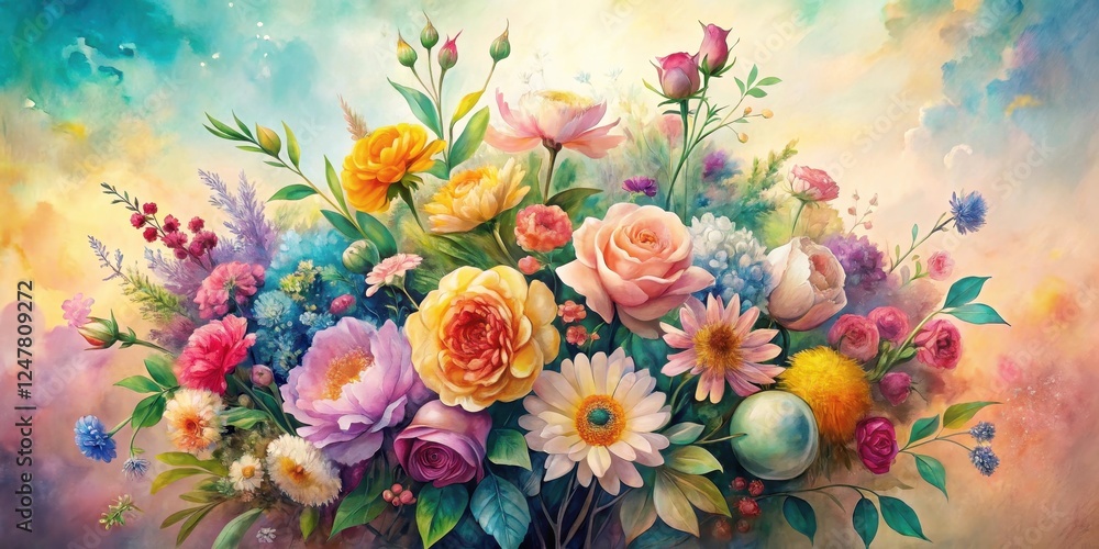 A vibrant profusion of blossoms in a lush bouquet, painted with watercolor techniques, depicts a breathtaking array of flowers against a soft, dreamy sky. A vibrant profusion of blossoms in a lush bouquet, painted with watercolor techniques, depicts a breathtaking array of flowers against a soft, dreamy sky.