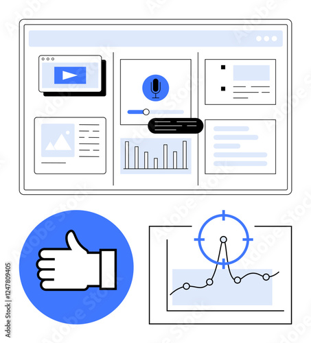 Interactive dashboard with media player, voice search, graphs, and content cards. Graph target, thumbs up hand, multimedia integration. Ideal for data analysis, user feedback digital strategy UIUX