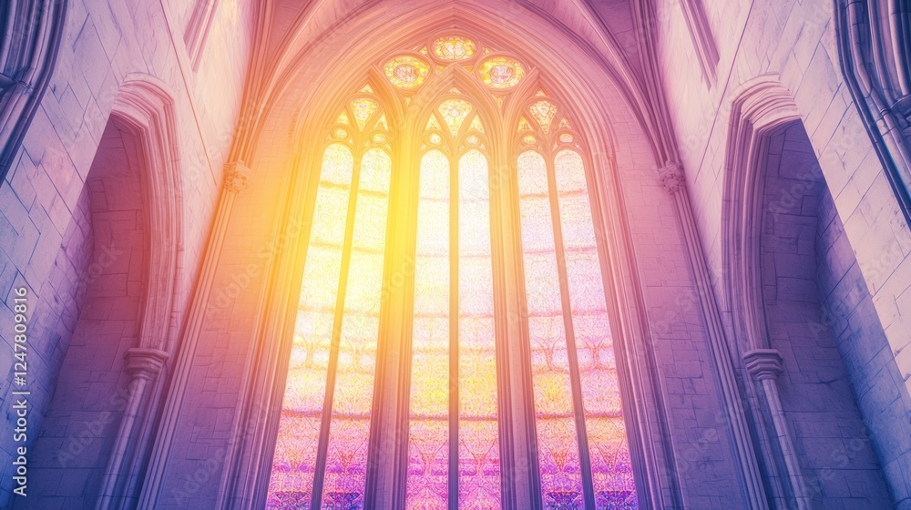 Fototapeta premium Heavily Arched Cathedral Window Bathed in Colorful Light
