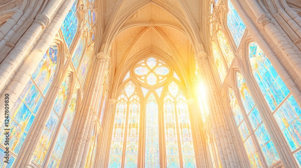 Fototapeta premium Heavily Arched Cathedral Window Illuminated by Soft Light