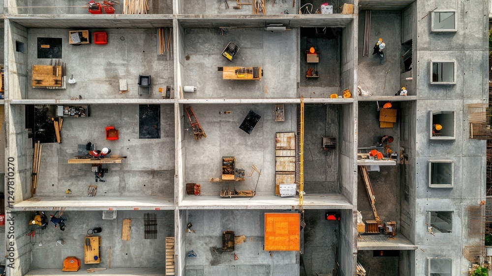 Construction site aerial view showing concrete framework and building progress Construction site aerial view showing concrete framework and building progress
