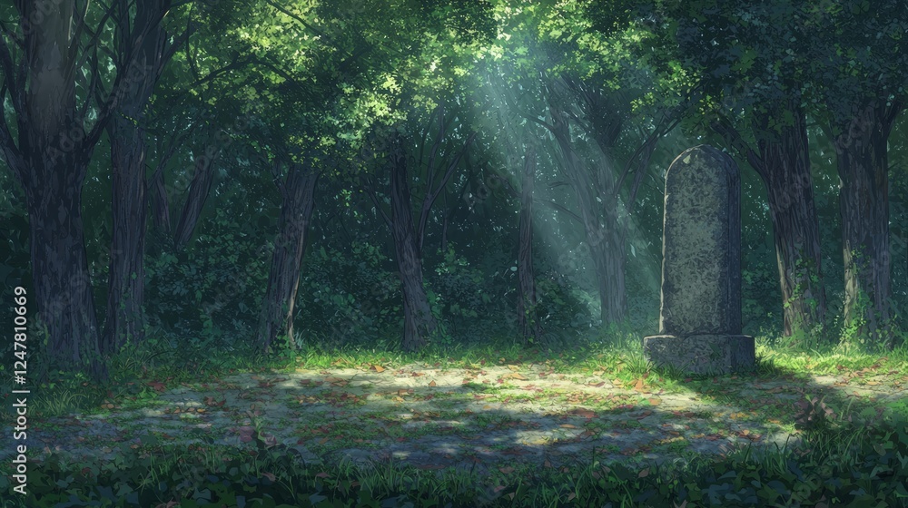 Fototapeta premium Solitary Stone in a Dark Forest Clearing with Sunlight Beams