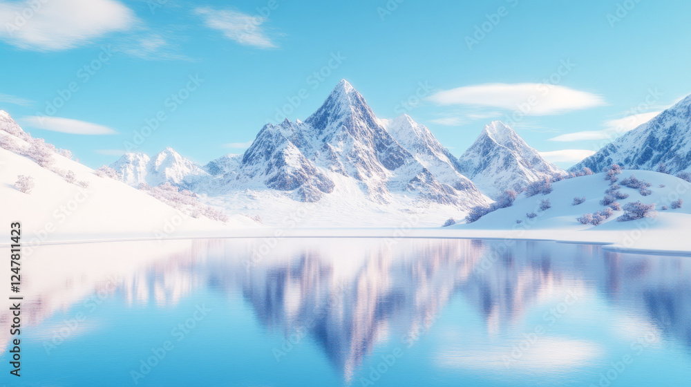 Serene winter landscape with snow-capped mountains reflected in a crystal-clear lake. A picturesque scene of tranquility and natural beauty. Serene winter landscape with snow-capped mountains reflected in a crystal-clear lake. A picturesque scene of tranquility and natural beauty.