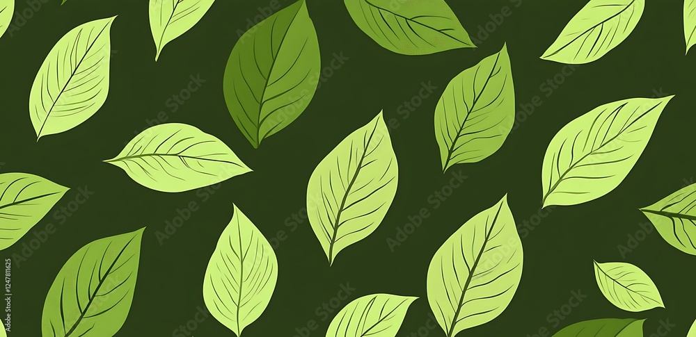 Green leaf line art pattern, a seamless repeating pattern on a dark green background, a simple and minimalistic design, vector illustration Green leaf line art pattern, a seamless repeating pattern on a dark green background, a simple and minimalistic design, vector illustration