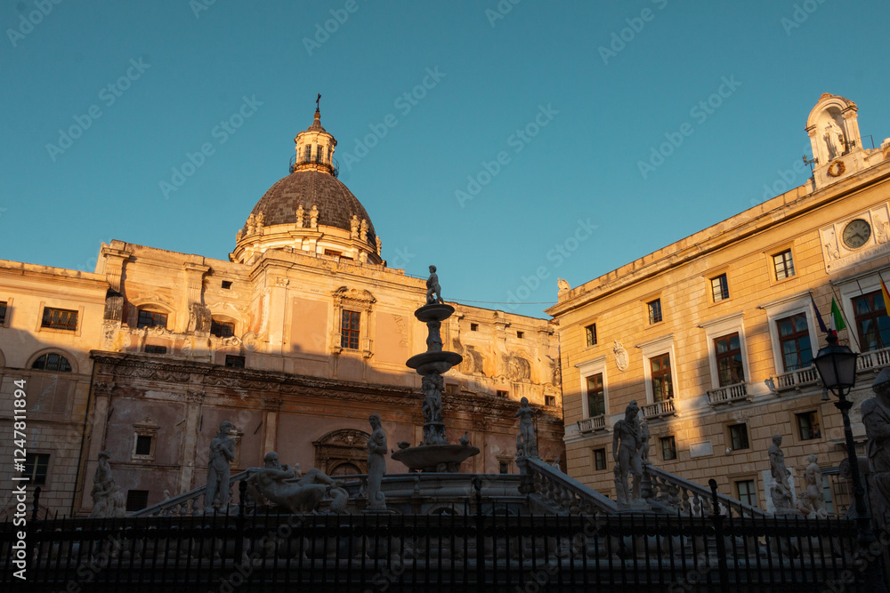 Obraz premium Pretoria Fountain and Dome of Santa Catarena in the Evening Shadows; Fountain of Shame Palermo Sicily Italy 